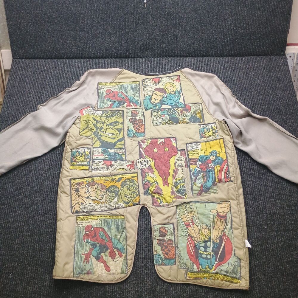 Upscaled custom vintage marvel comic strip London fog jacket quilted patchwork